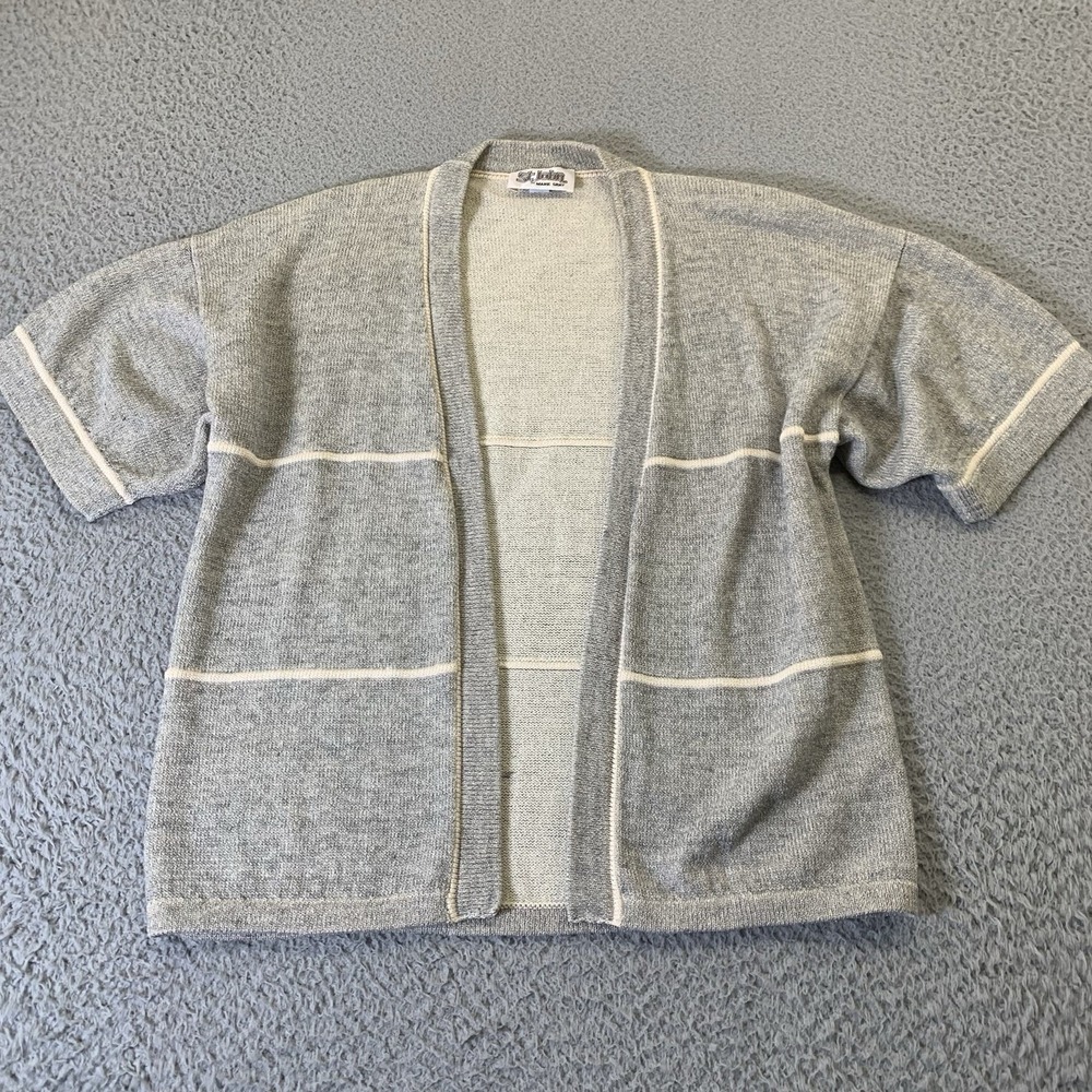 Vintage St John Cardigan Knit Shirt Womens 10 Heathered Gray Beige Trim USA Made